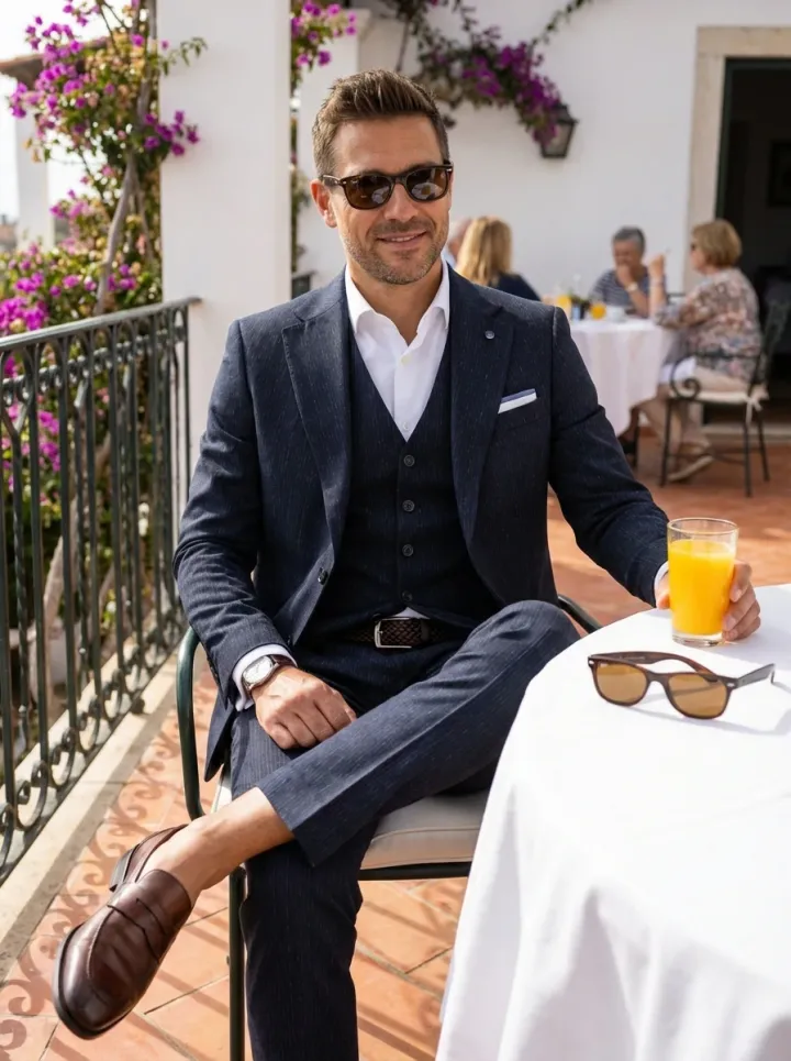 Sötétkék csíkos esküvői öltöny - Öltönyök Háza