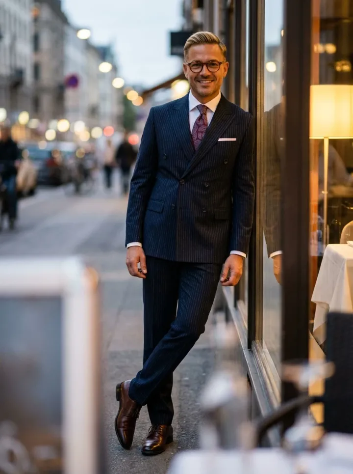 Sötétkék csíkos kétrészes öltöny - Öltönyök Háza